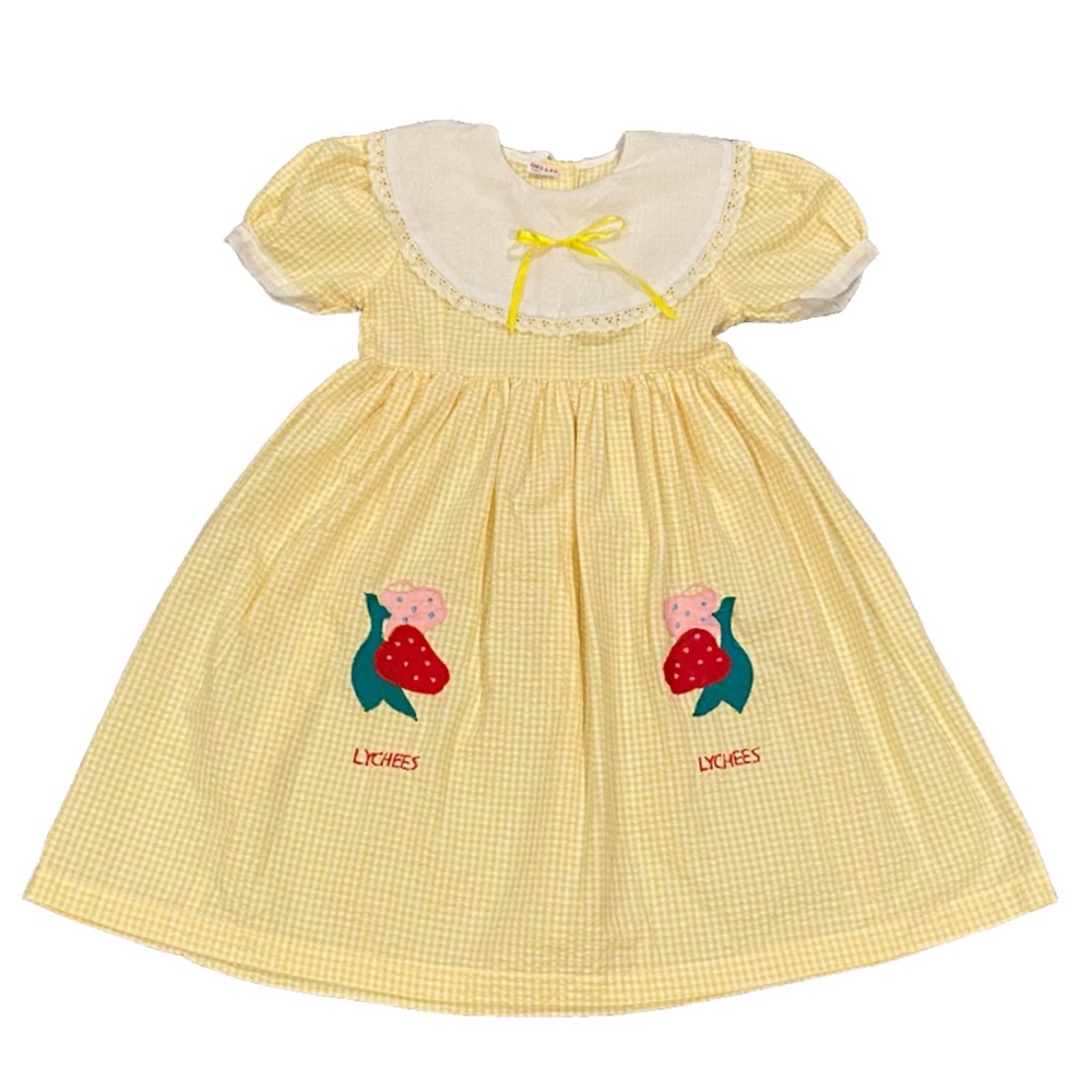 Vintage Delly’s Strawberry Patch Dress Little Girls Size 80 Yellow Gingham Bow